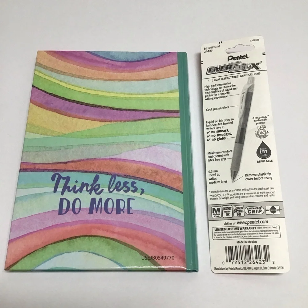 Think Less, Do More Journal Diary Blue Gel Pen Set 60 Ruled Pages Notebook NEW